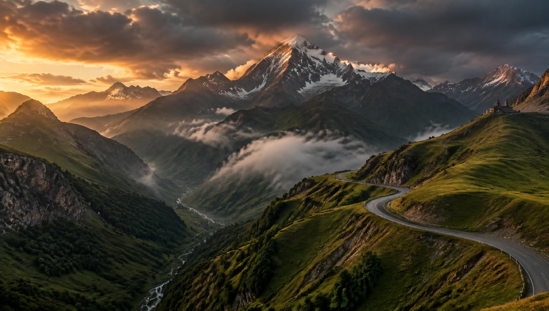 Caucasus mountain road in Georgia at golden hour